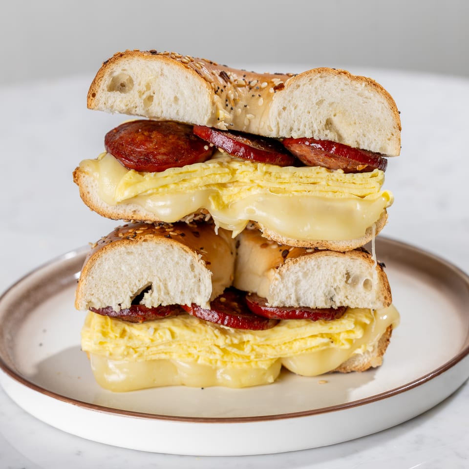 Everything bagel sandwich with eggs, melted cheese, and chorizo, cut in half and stacked.