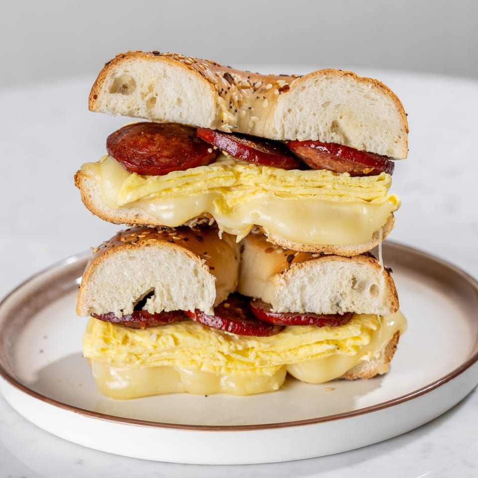 Stacked everything bagel sandwich with scrambled eggs, melted cheese, and sliced sausage on a plate.